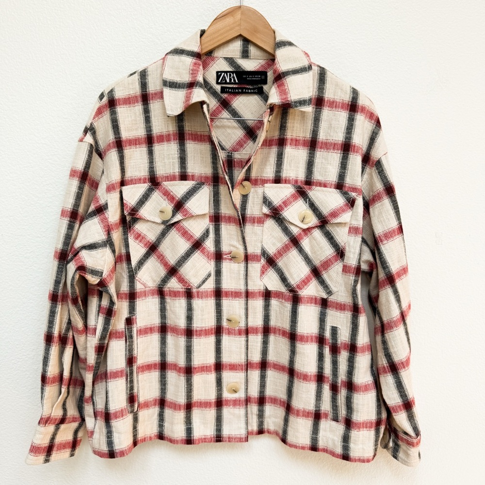 Zara Italian Fabric Plaid Shacket Linen Blend Size S